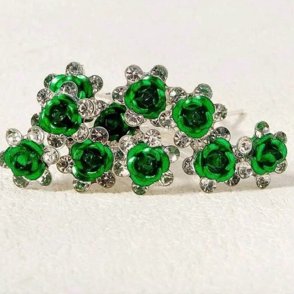 Elegant Green Floral Crystal hair pins